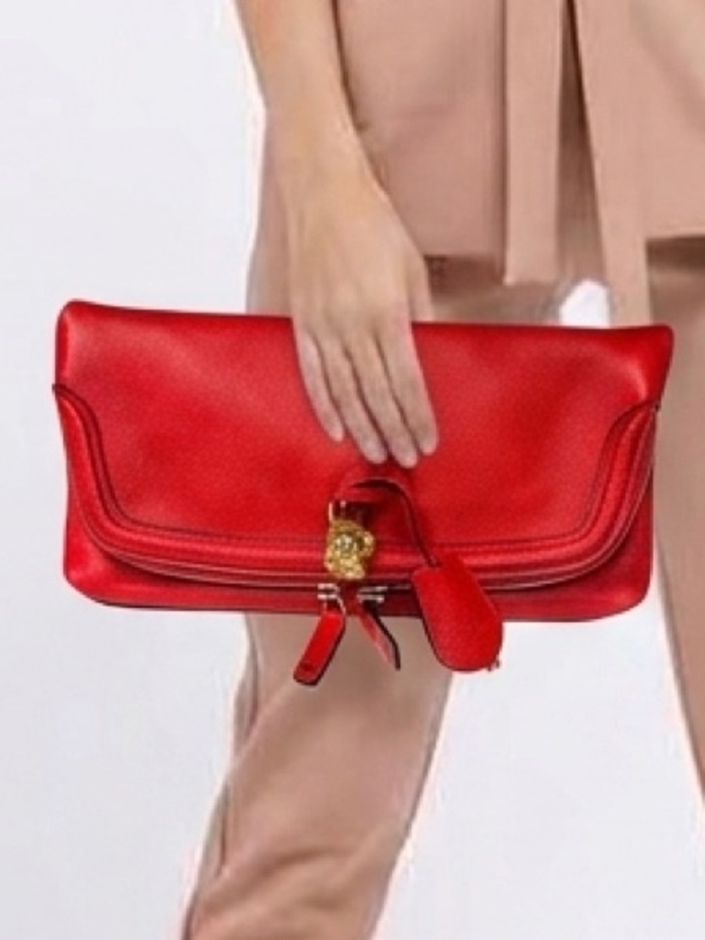 ALEXANDER MCQUEEN Red Grained Leather Skull Padlock Fold-Over Clutch Bag w/ COA